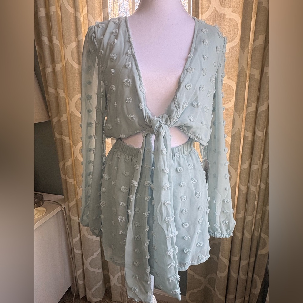 Light Blue Textured Tie-Front Dress